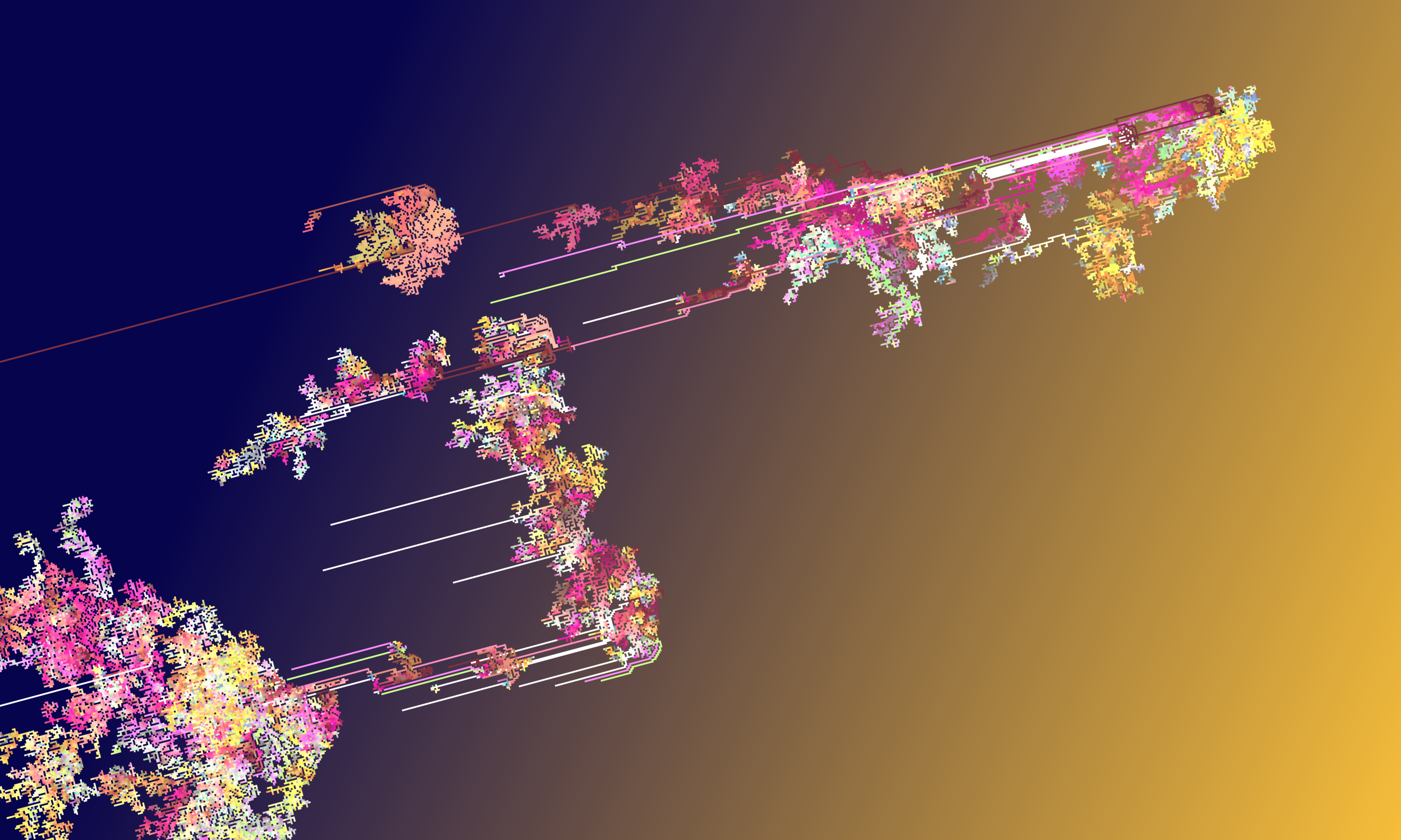 An algorithmically generated animation of a predominantly yellow, pink, white, and orange organically shaped, long digital form that glides across the page along an upwardly diagonal trajectory from left to right