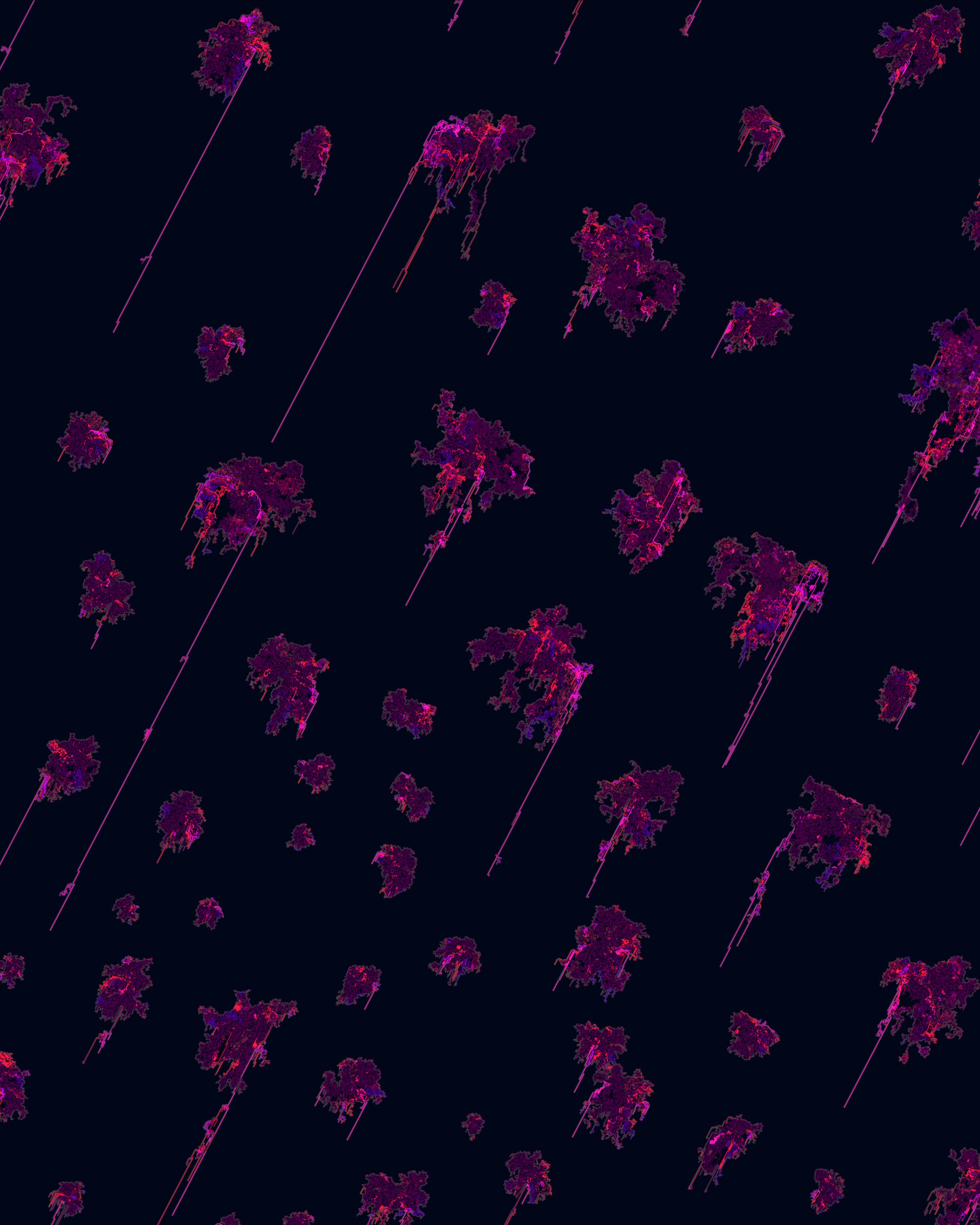 Algorithmically generated animation depicting a white circle that grows and shrinks and which contains dozens and dozens of uniquely shaped, florescent pink/purple digital amoeba-looking forms against a deep, deep purple background