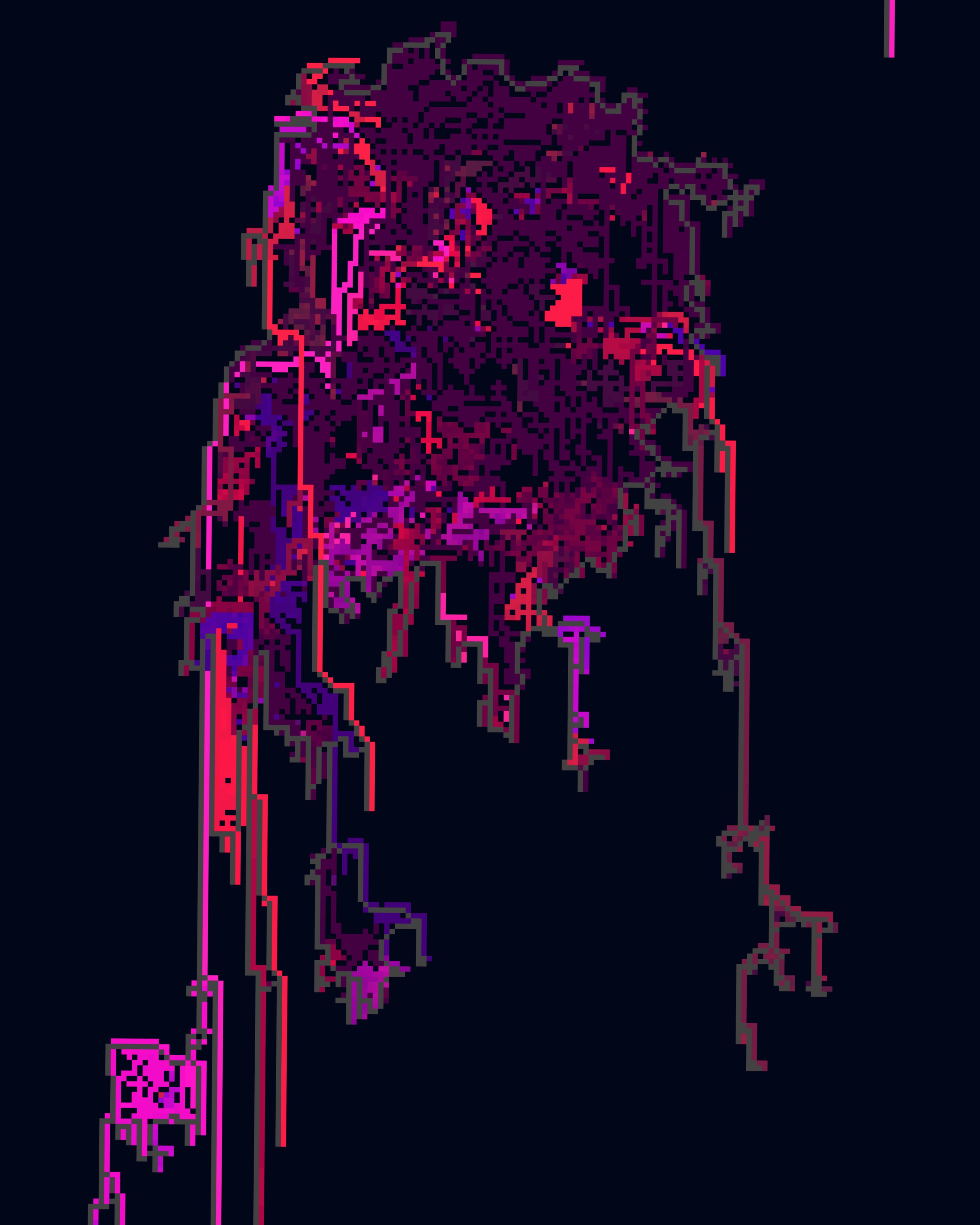 Close up of an algorithmically generated image of a conical yellow-to-purple gradient in the center, with a yellow beam originating from the center of the image at a 45 degree angle loosely surrounded by a half-frame of pinkish and yellow digital clusters