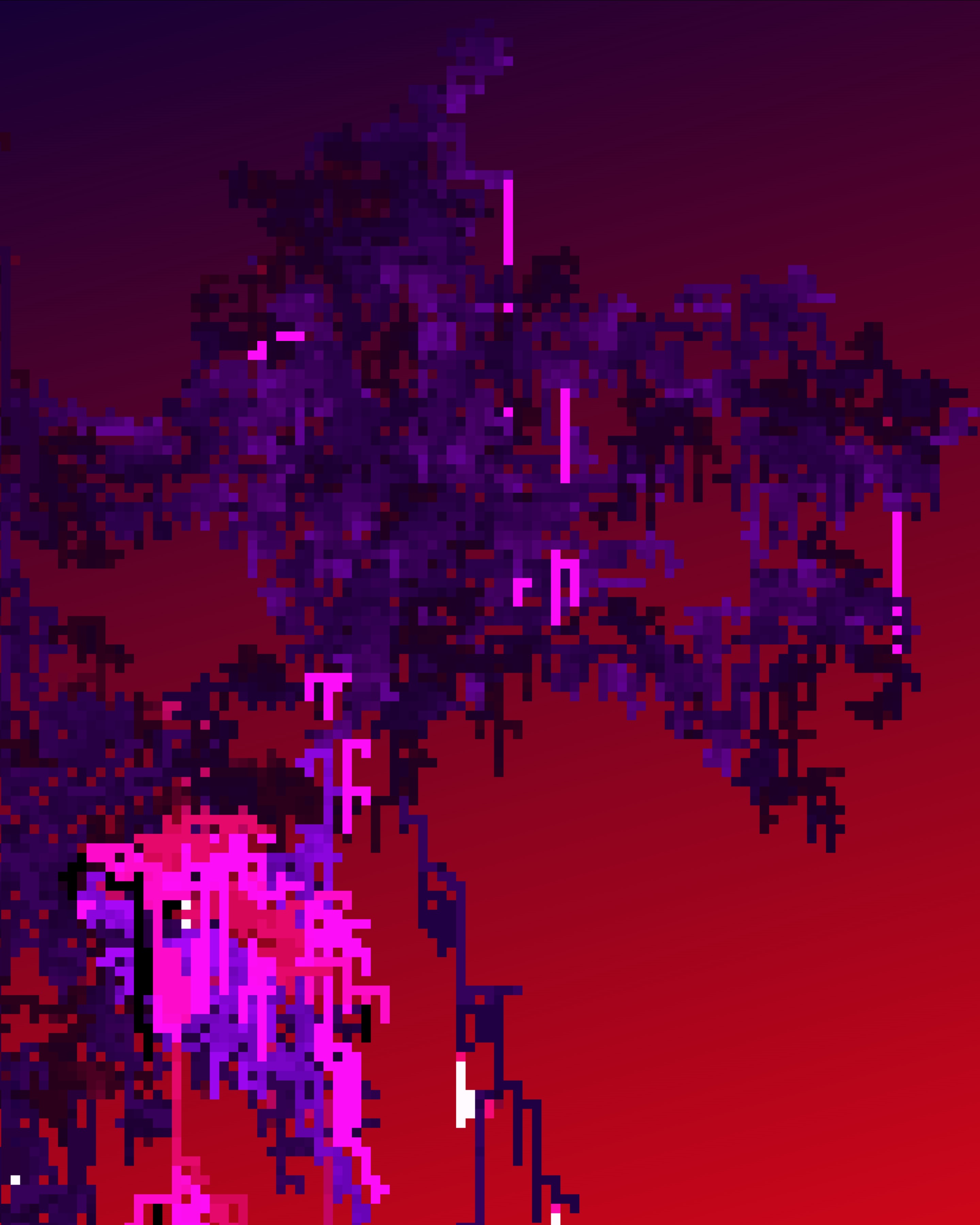 Algorithmically generated animation depicting a predominantly red, purple, and pink digital-looking figure which rises against a deep red-ish/purple-ish background
