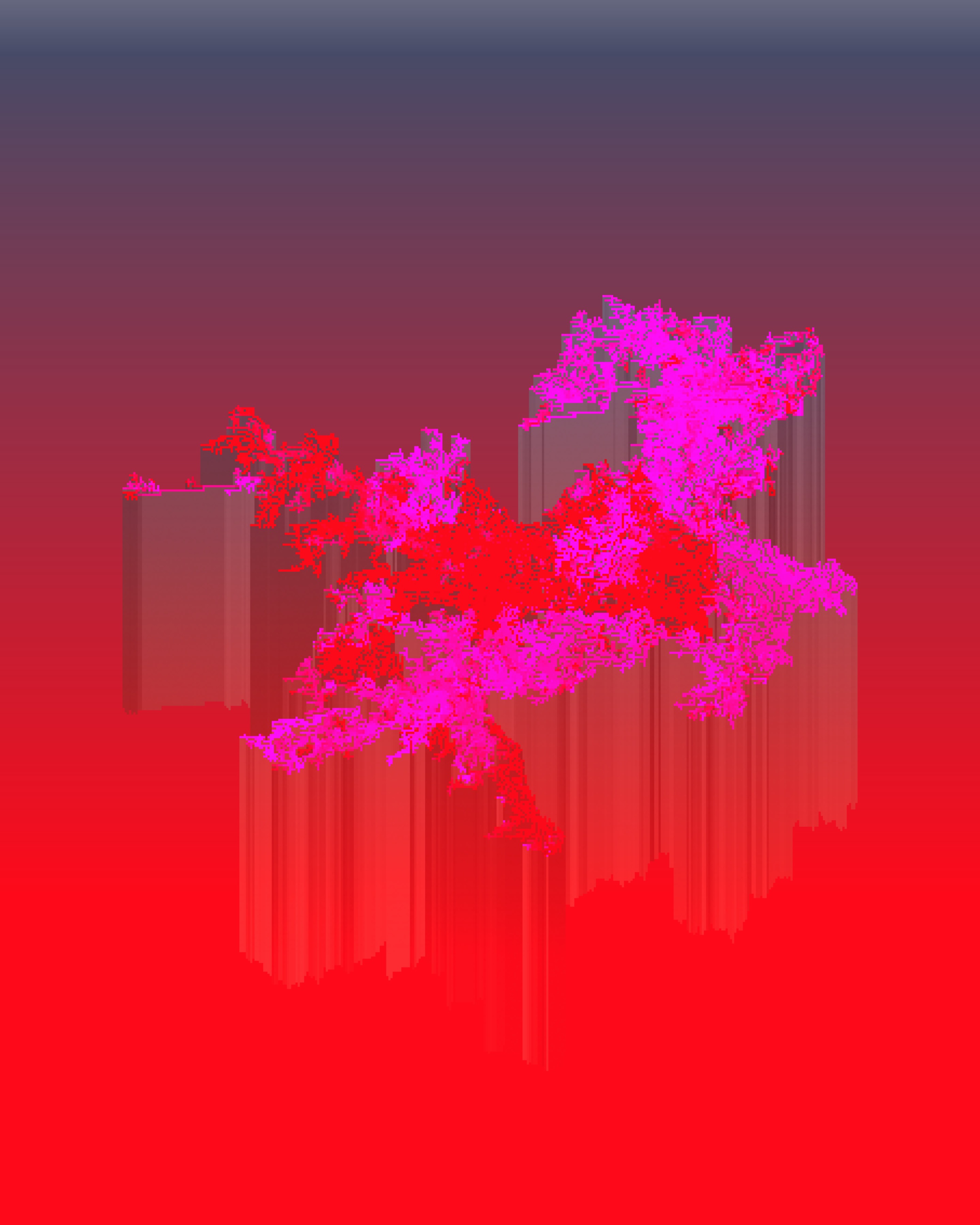 Algorithmically generated image of a contiguous cluster of organically shaped hot-pink or bright red pixels, each pixel sitting a top one another, seemingly building a "tall pixel wall" on top of which sits a continent of colorful pixels; against a blood red to navy to white gradient background