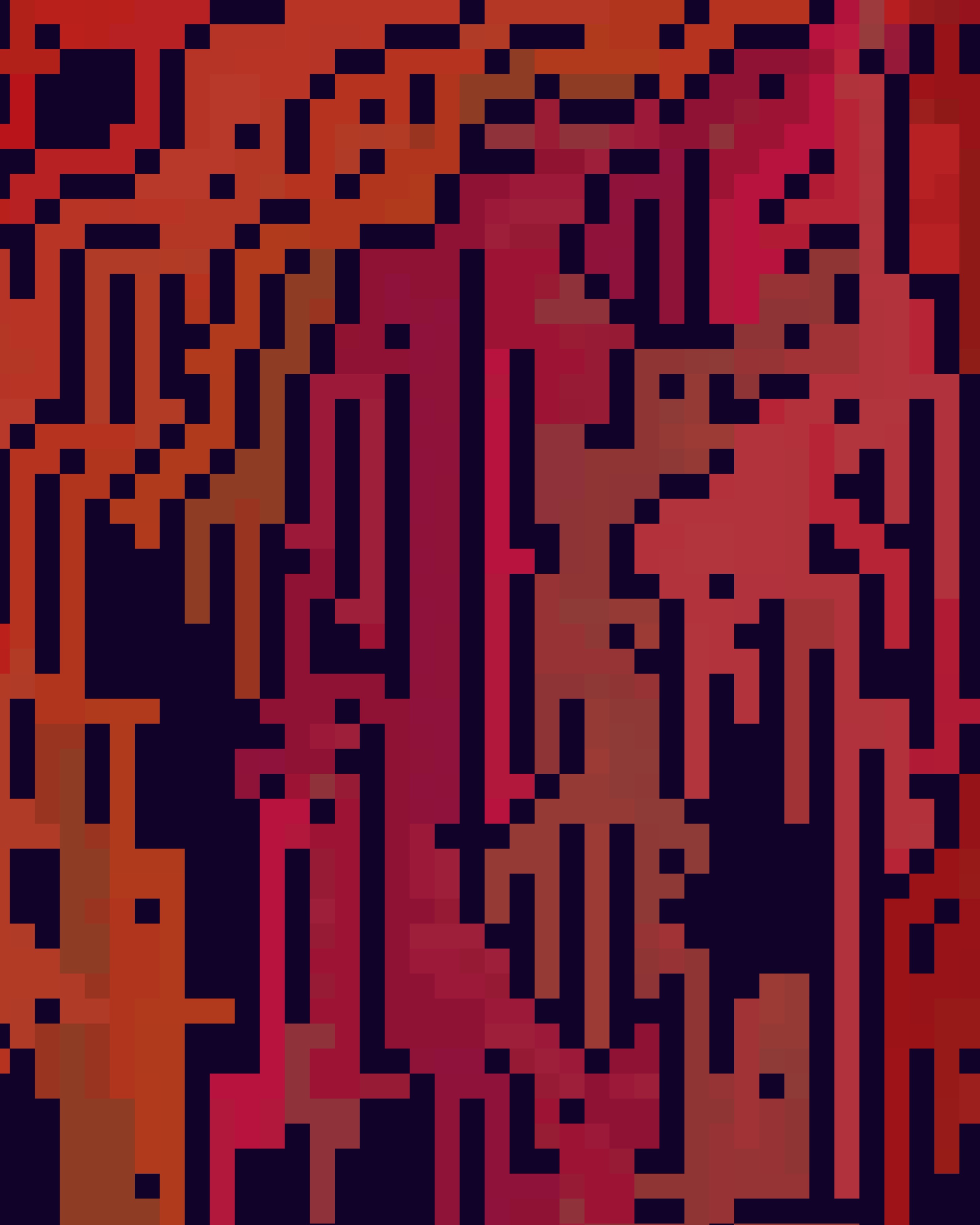 Algorithmically generated image of a vertically-centered, red, organically shaped cluster of pixels facing slightly downward against a deep purple background