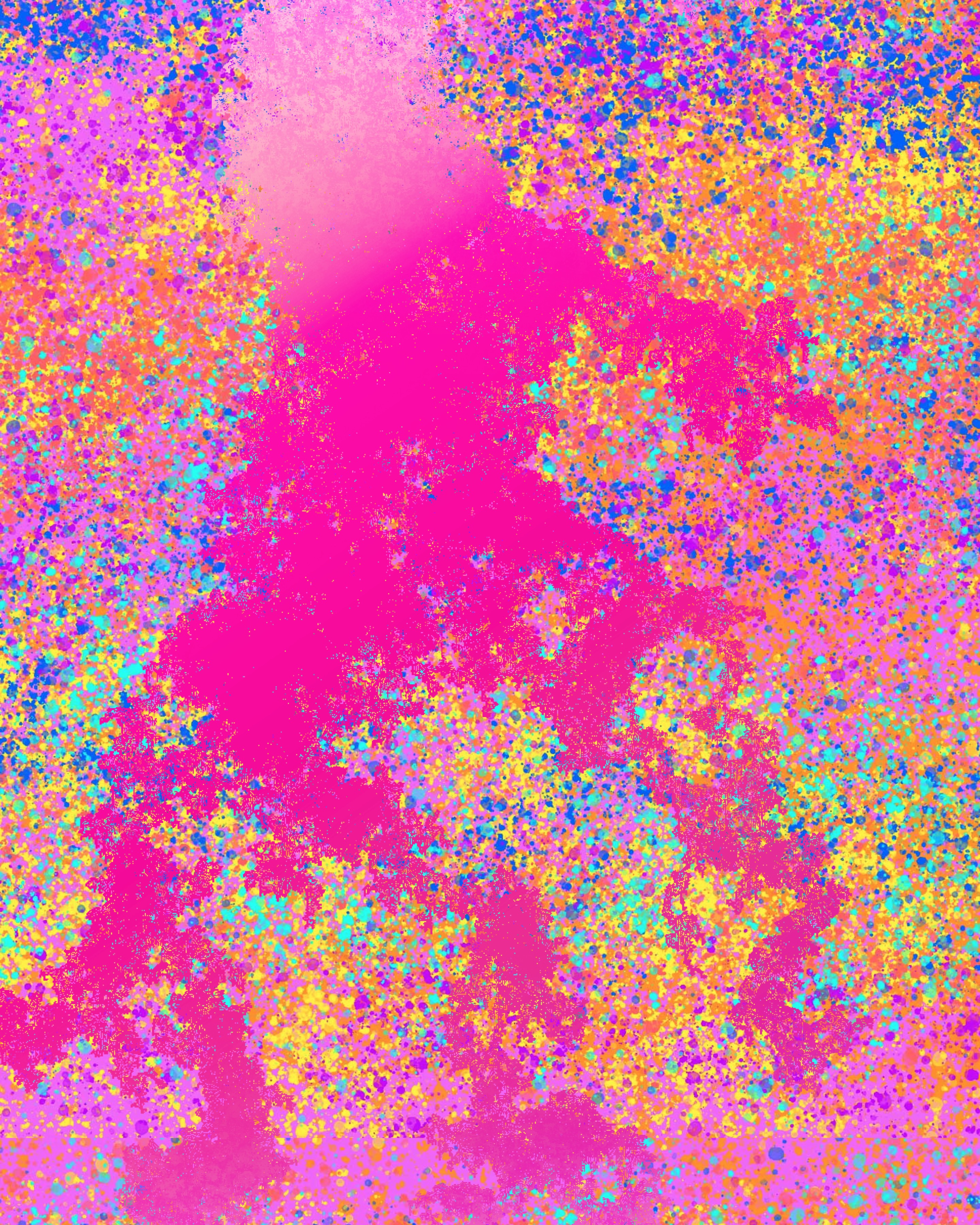 Animation of a programmatically generated, horizontally contiguous, pink, orange, yellow, and white organically shaped cluster of pixels. This form goes back and forth&mdash;from left to right and then right to left&mdash;across the screen on loop, against a multi-colored, splattered background of the same colors.