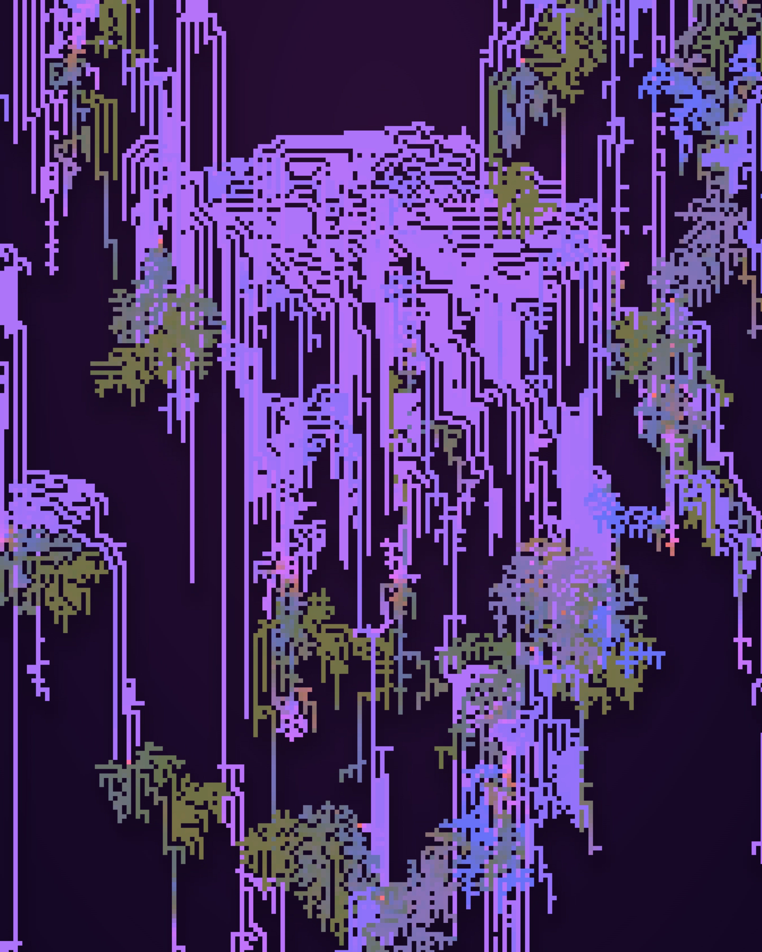Programmatically generated animation of a very tall, organically shaped cluster of electric purple, pink, olive green, and lavender pixels that generally moves from bottom to top; against a deep bluish-purple background