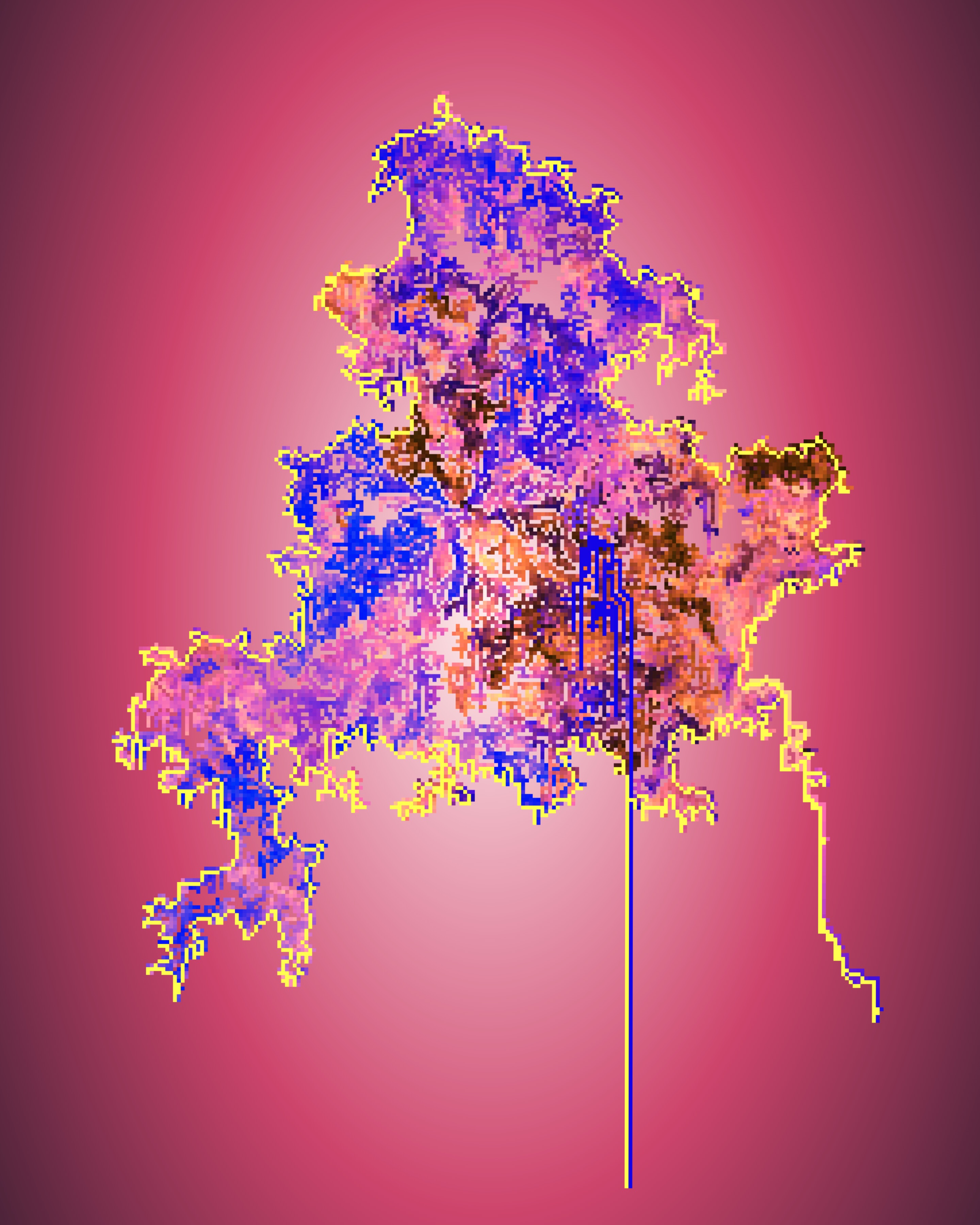 Gridded composition consisting of dozens and dozens of small, uniquely shaped algorithmically generated, multi-colored, and outlined forms against a white-ish (at the center)to burgundy background (at the periphery)