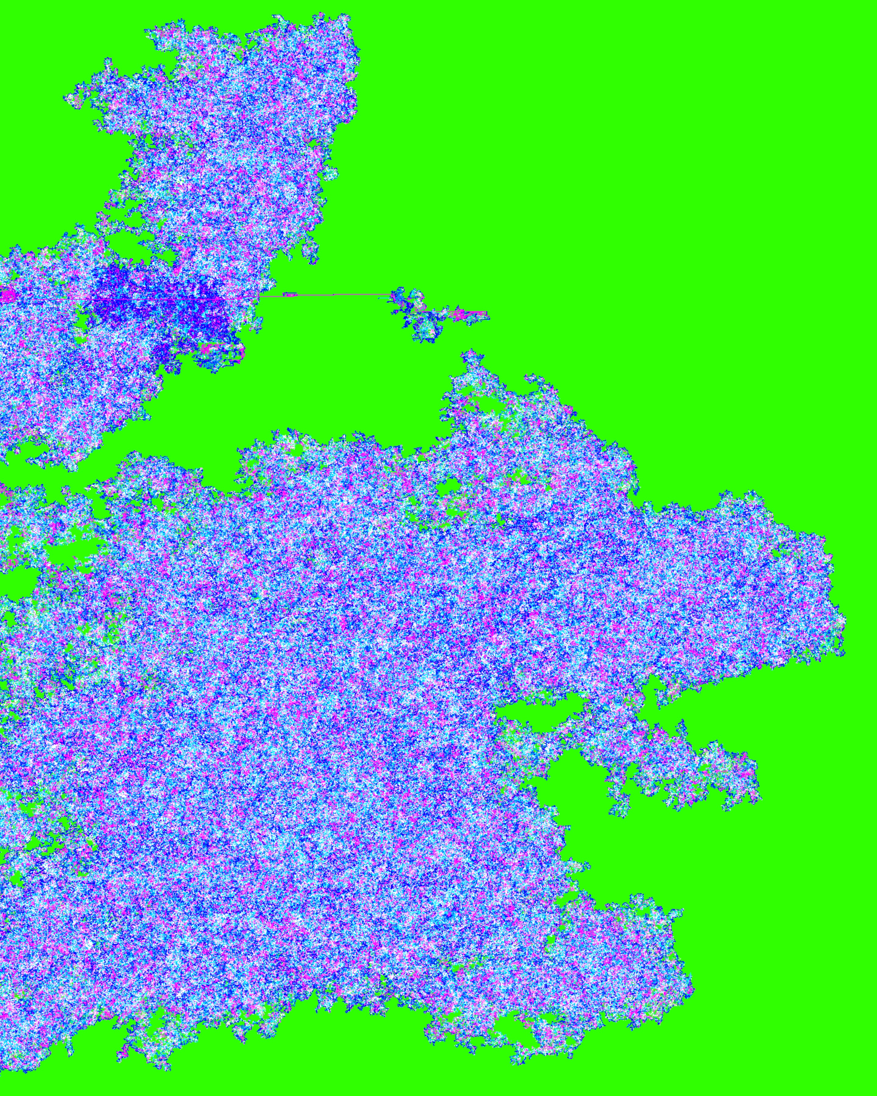 Algorithmically created, organically shaped, highly saturated blue, magenta, cyan, and white clumps of pixels against a sharply fluorescent green background