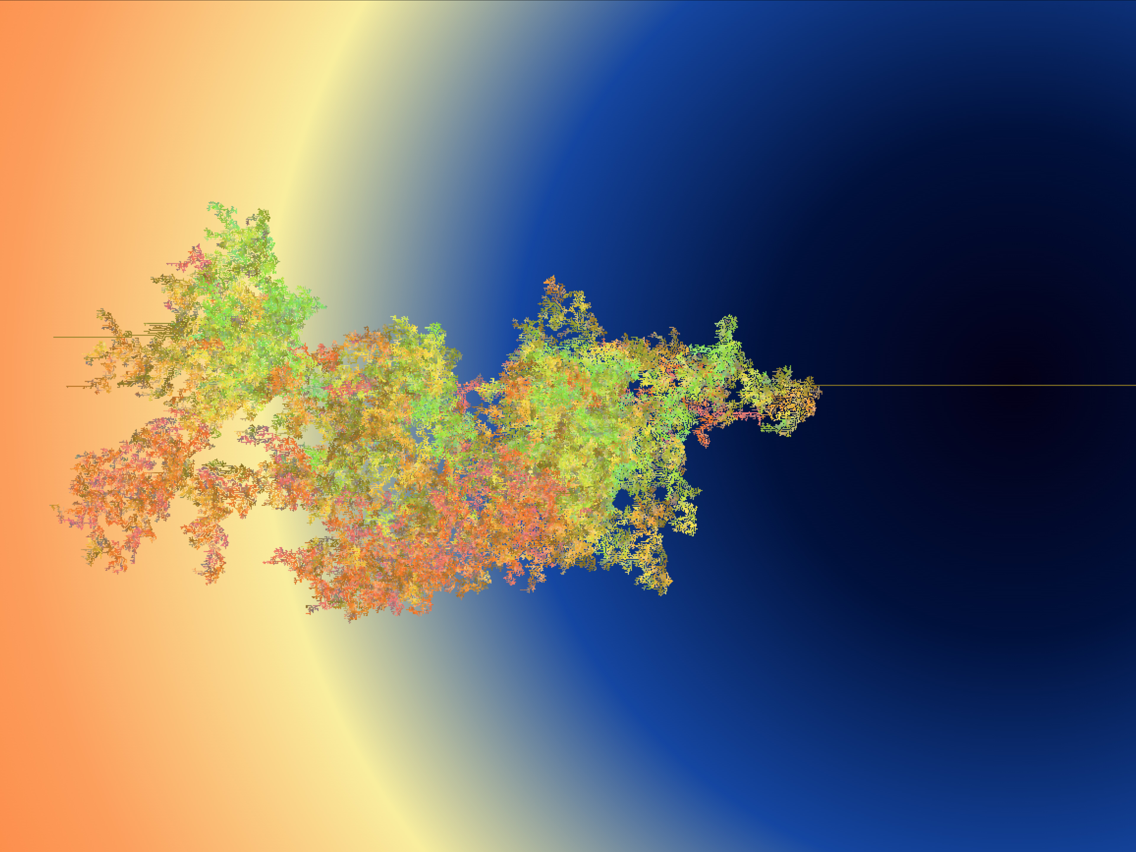 Screenshot of a slightly zoomed in algorithmically generated yellow/orange/greenish form, vaguely in the shape of a crustacean, against a radial gradient that goes from a deep dark blue at its origin, to a royal blue, passes through a pale yellow band before fading out to a light orange.