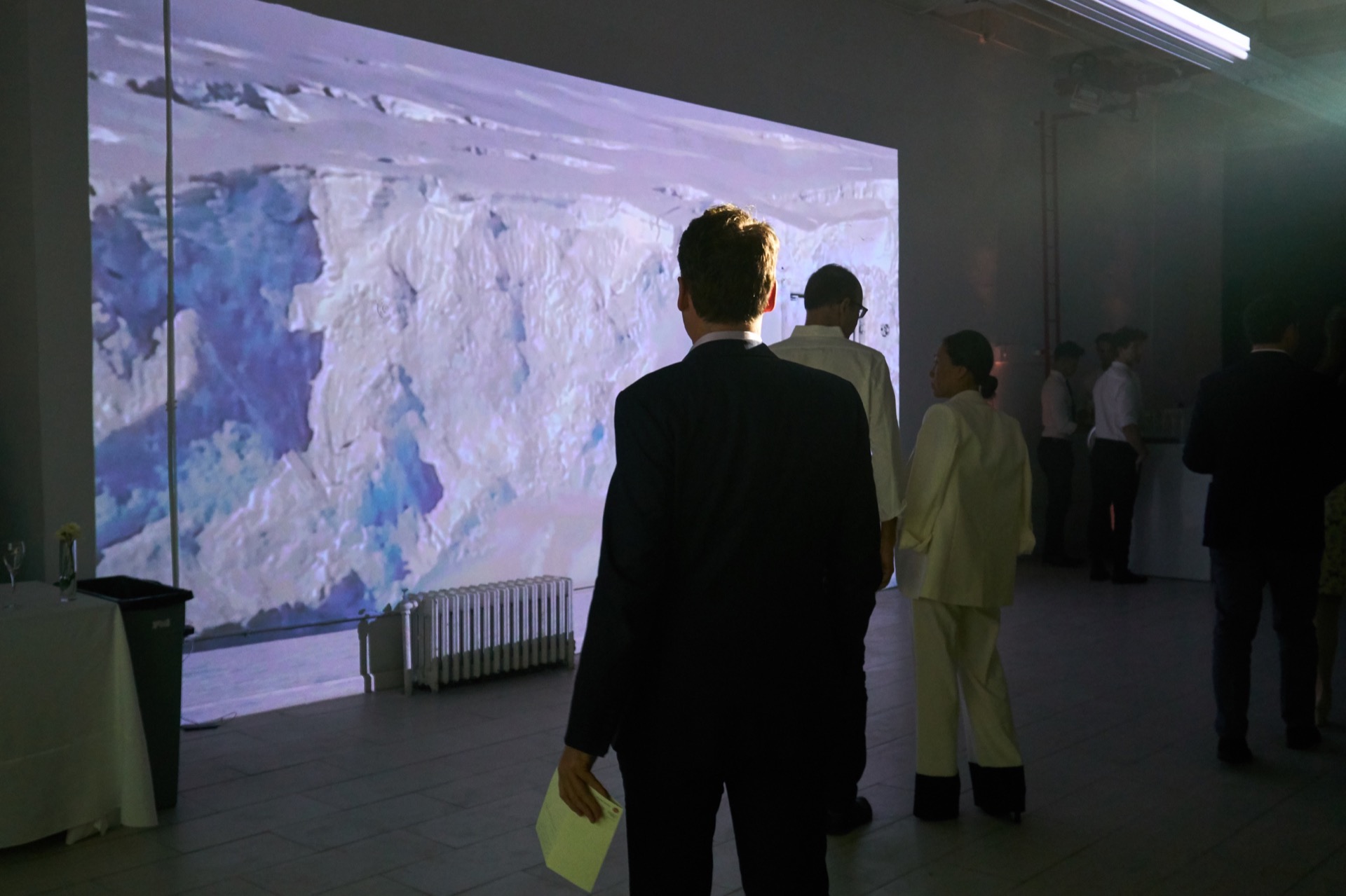 Nearly full-body photograph of a gallery-goer's back as he looks at a large wall with an image of a large glacier on it. He is holding a yellow brochure of sorts in his left hand. A few other non-descript people are also in the frame.