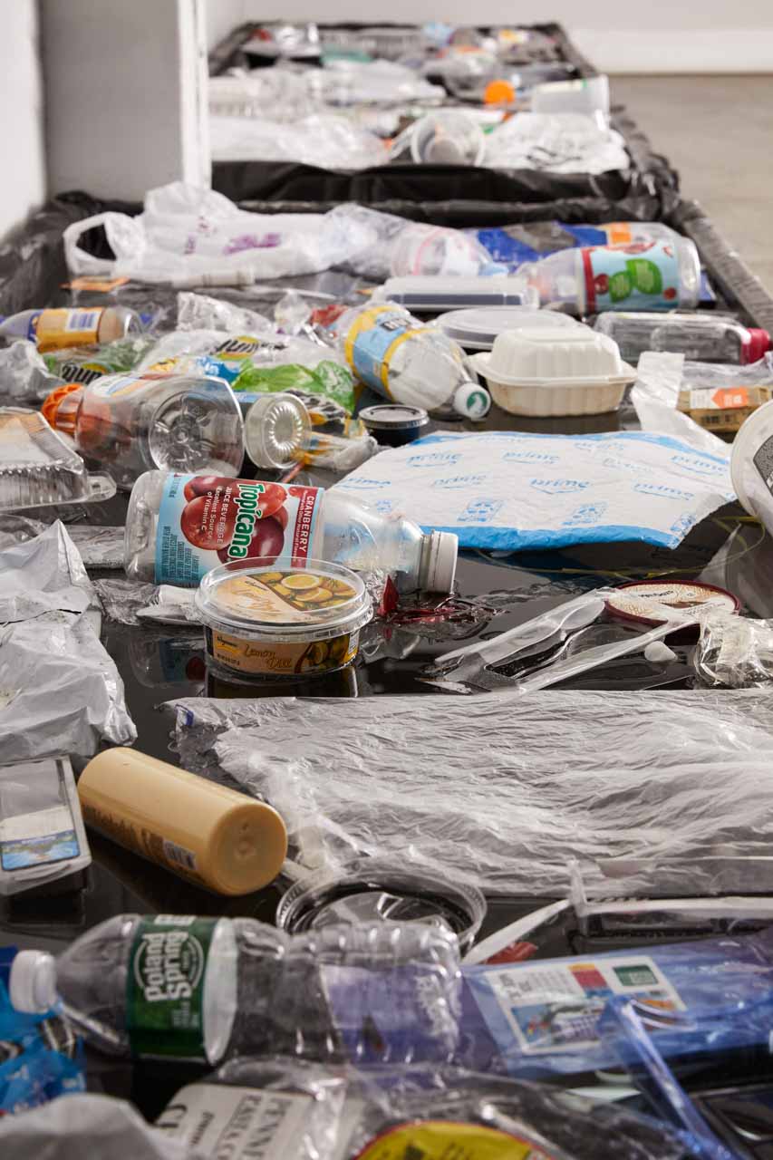 Portrait photograph of hundreds of plastic items floating on a long plane of black water; items get blurry as they recede into a far-off distance