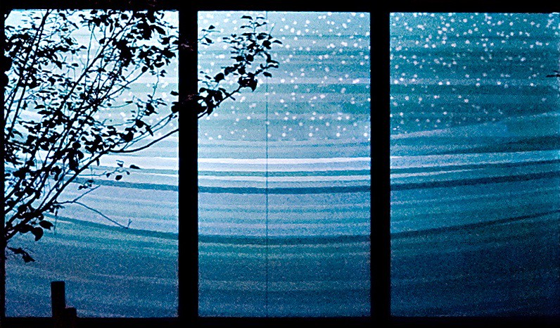 Close-up nighttime photograph of three large storefront windows showing a projection of a concave geometric rendering of a snowy, bluish, and hilly winter landscape. On the left side of the photo, in front of the projection, are branches emanating from a tree without any leaves.