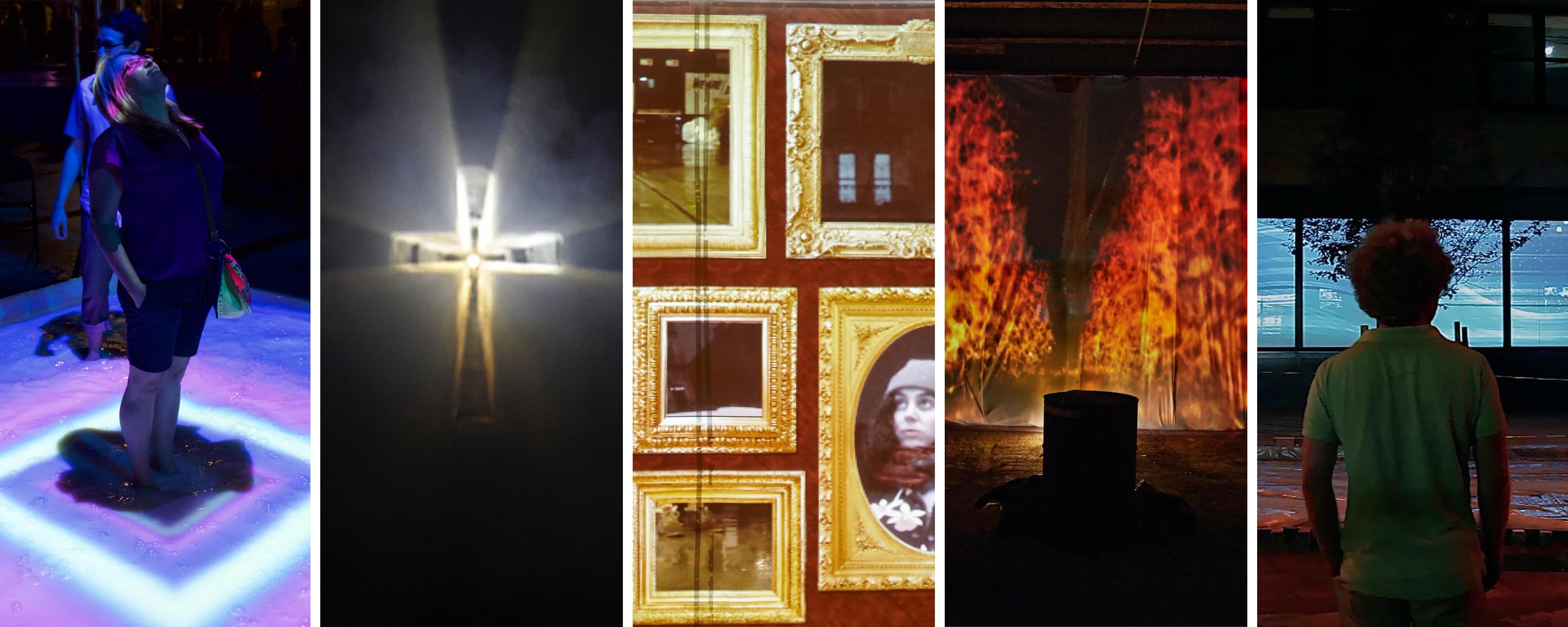 A compilation of 5 photos of different nighttime video installations arranged in vertical strips