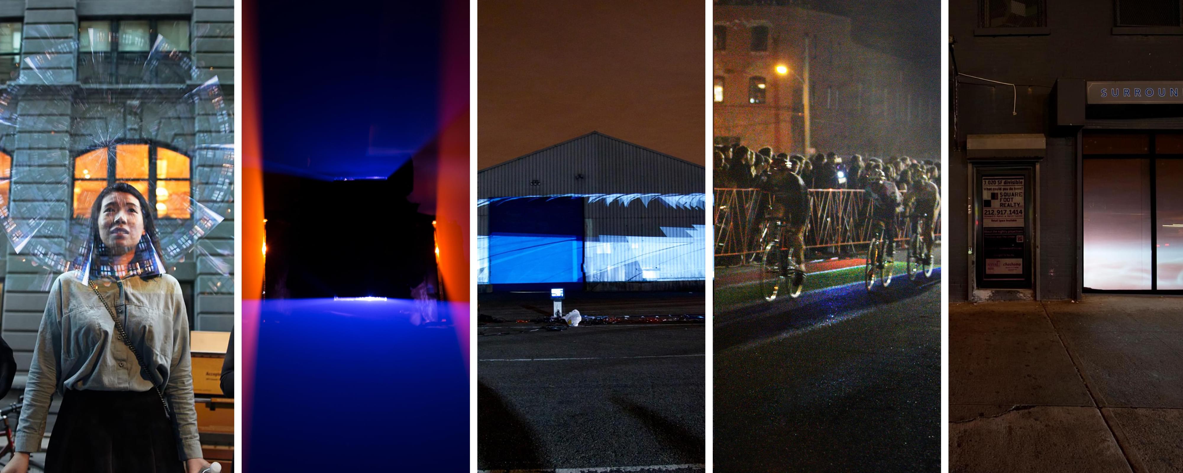 A compilation of 5 photos of different nighttime video installations arranged in vertical strips
