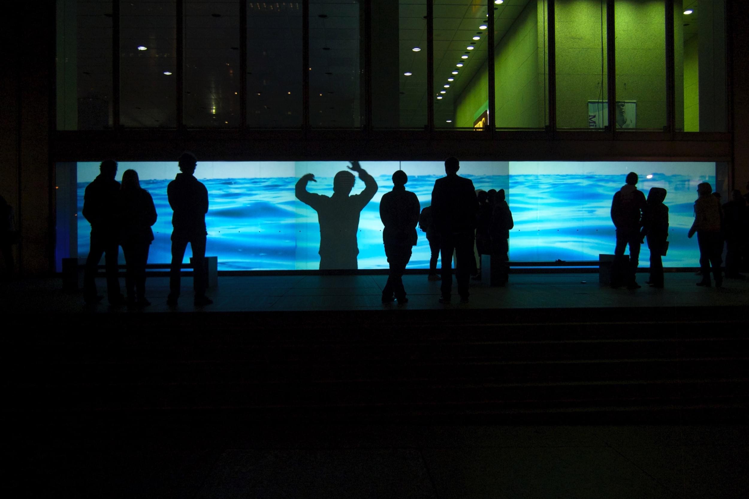 Small thumbnail image of Nighttime photograph of about a dozen people, all with their backs to the camera, looking at the projected image of a body of water in front of them. In the middle of the projected image is a large silhouette of a figure performing a dance maneuver, which is quite striking if you ask me.