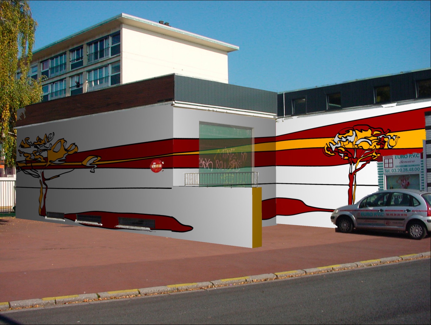 Photograph/realistic rendering of the side of a building with a car parked out front. On the facade of the building is a large mural depicting an abstract rendering of a predominantly burgundy and golden yellow landscape with two trees at the far ends connected by a flowing burgundy band.