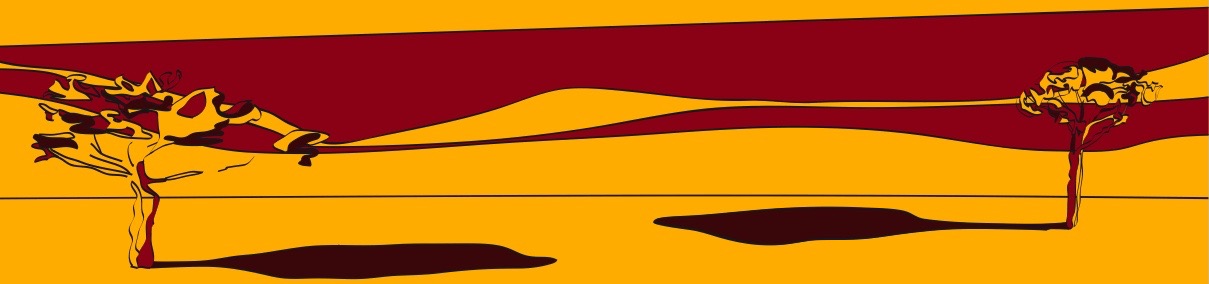 Long and narrow digital illustration of two burgundy, yellow, and black trees, one at each side of the illustration. On the left side, the tree has a wide canopy and casts a dark 3 o'clock shadow. On the right side, the tree is taller with a smaller round canopy that casts a 9 o'clock shadow. In the background, a long burgundy and yellow organically shaped band connects the two trees over a long distance.